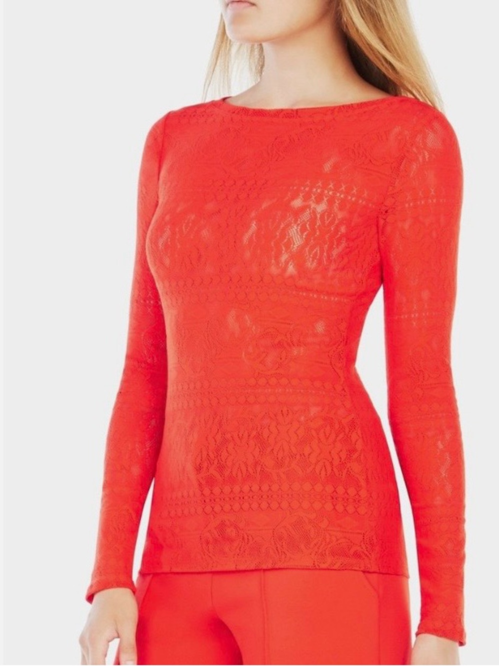 BCBGMAXAZRIA Wylie Red Lace Long Sleeve Top Blouse Size M
